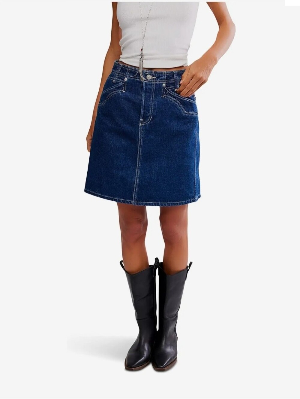 Free People We The Free Pocket Suzy Western Denim Midi Skirt Deep Blue Crush 25